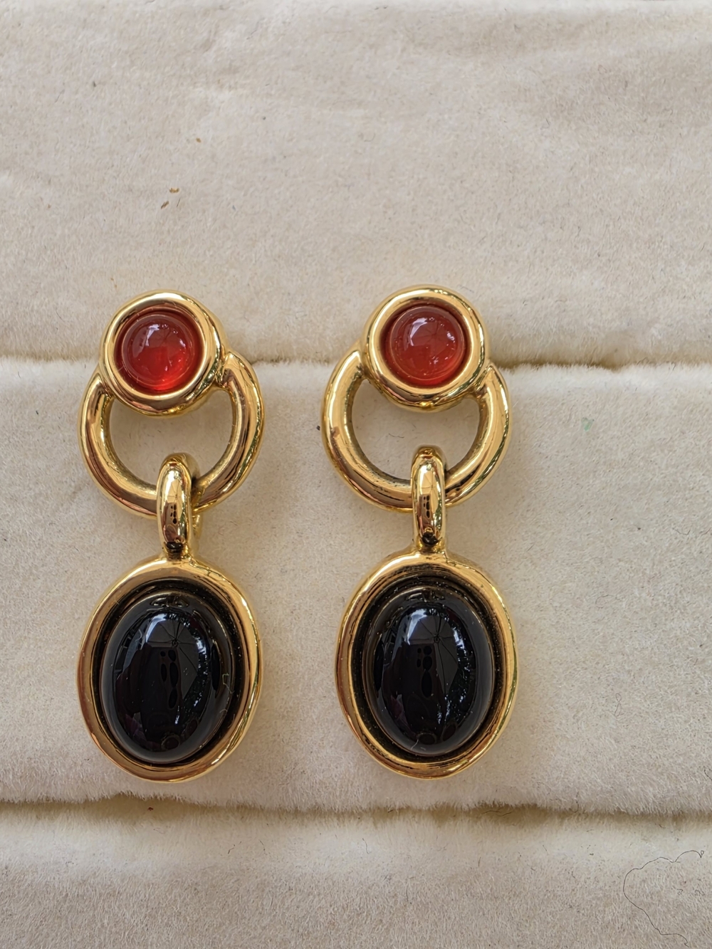 Butler: Gold-Tone Drop Earrings with Red-Orange & Black Stones • 14K Gold Posts